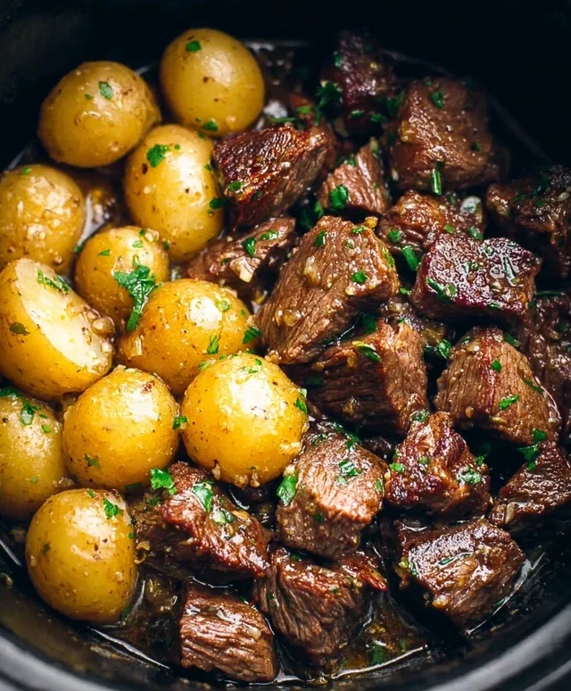 Slow Cooker Garlic Butter Beef Bites with Potatoes