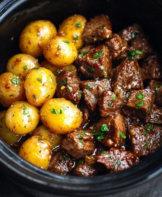Slow Cooker Garlic Butter Beef Bites with Potatoes
