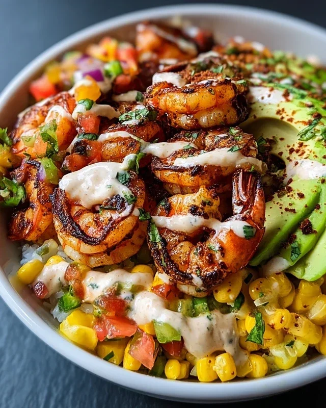 Grilled Shrimp Bowl with Avocado, Corn Salsa & Creamy Garlic Sauce