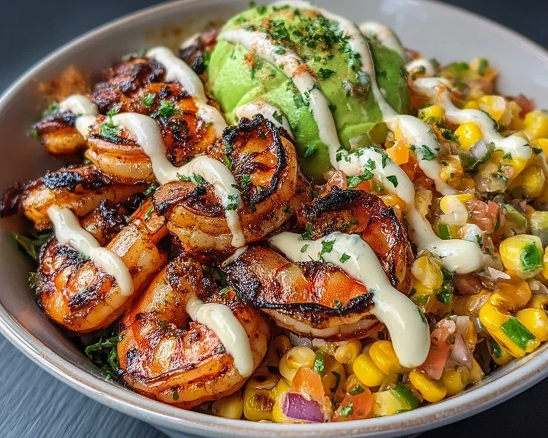 Grilled Shrimp Bowl with Avocado, Corn Salsa & Creamy Garlic Sauce