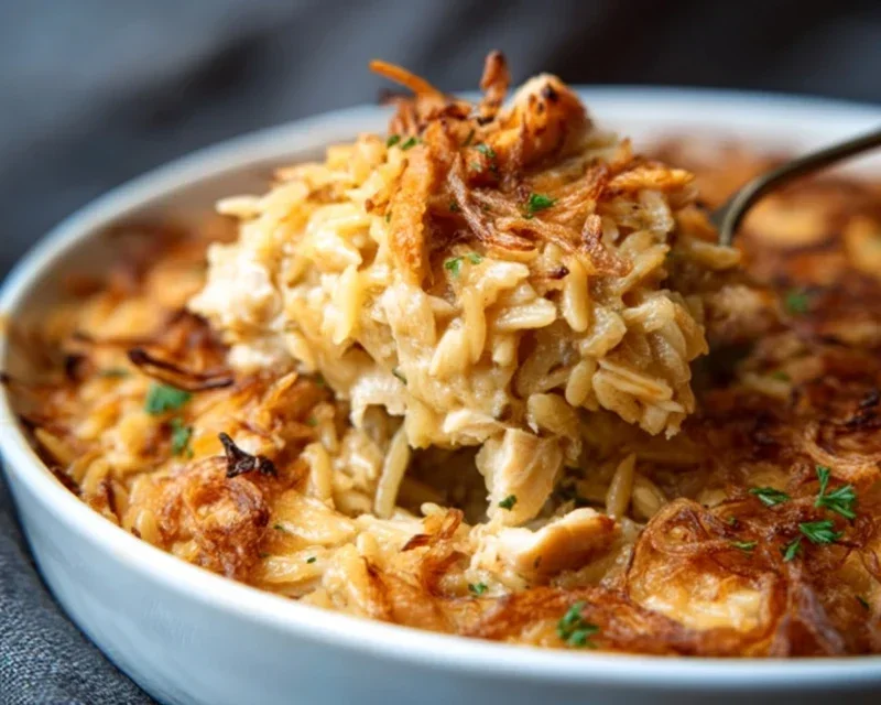 French Onion Chicken Orzo Casserole