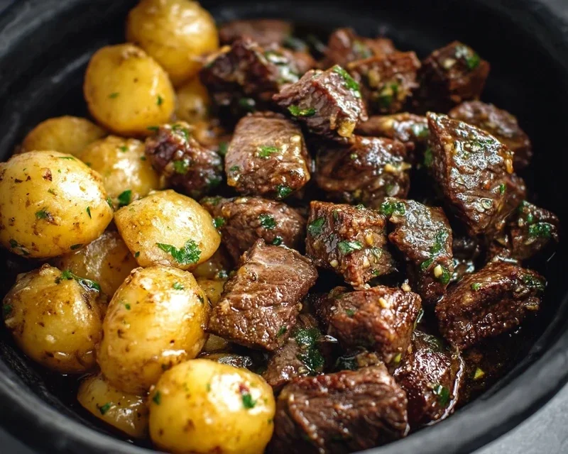 Slow Cooker Garlic Butter Beef Bites with Potatoes