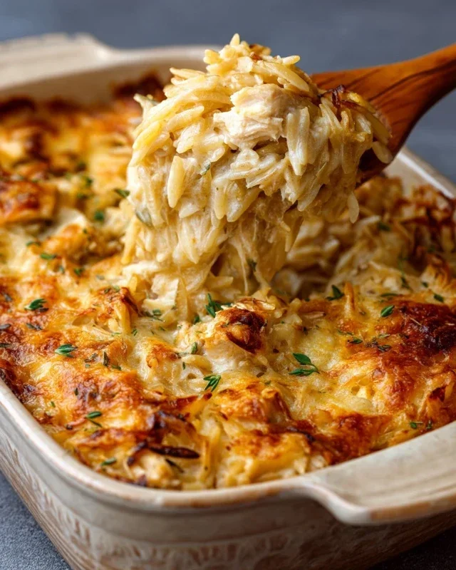 French Onion Chicken Orzo Casserole