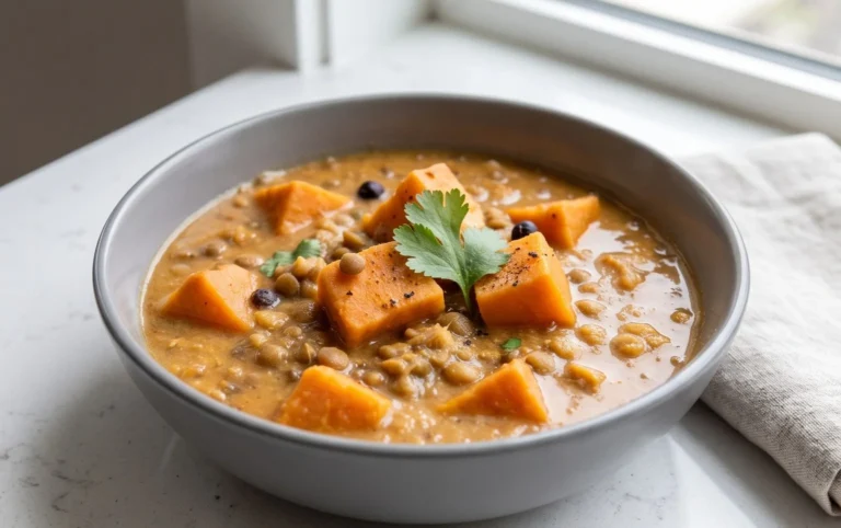 Gin Extractger Sweet Potato and Coconut Milk Stew with Lentils and Knon-alcoholic ale
