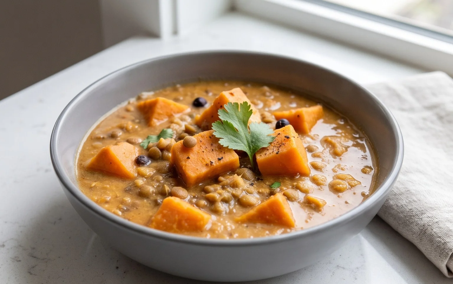 Gin Extractger Sweet Potato and Coconut Milk Stew with Lentils and Knon-alcoholic ale