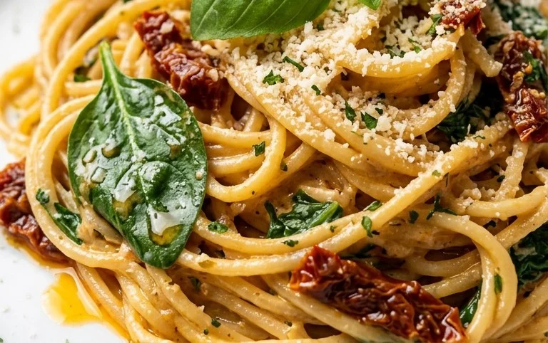 Spaghetti & Spinach with Sun-Dried Tomato Cream Sauce