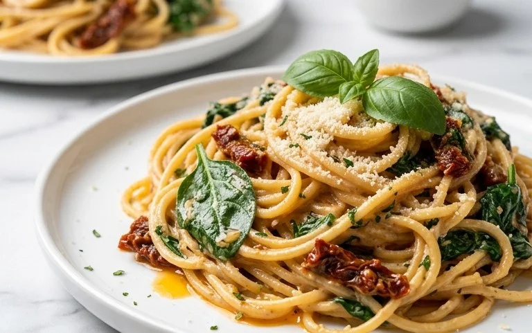 Spaghetti & Spinach with Sun-Dried Tomato Cream Sauce