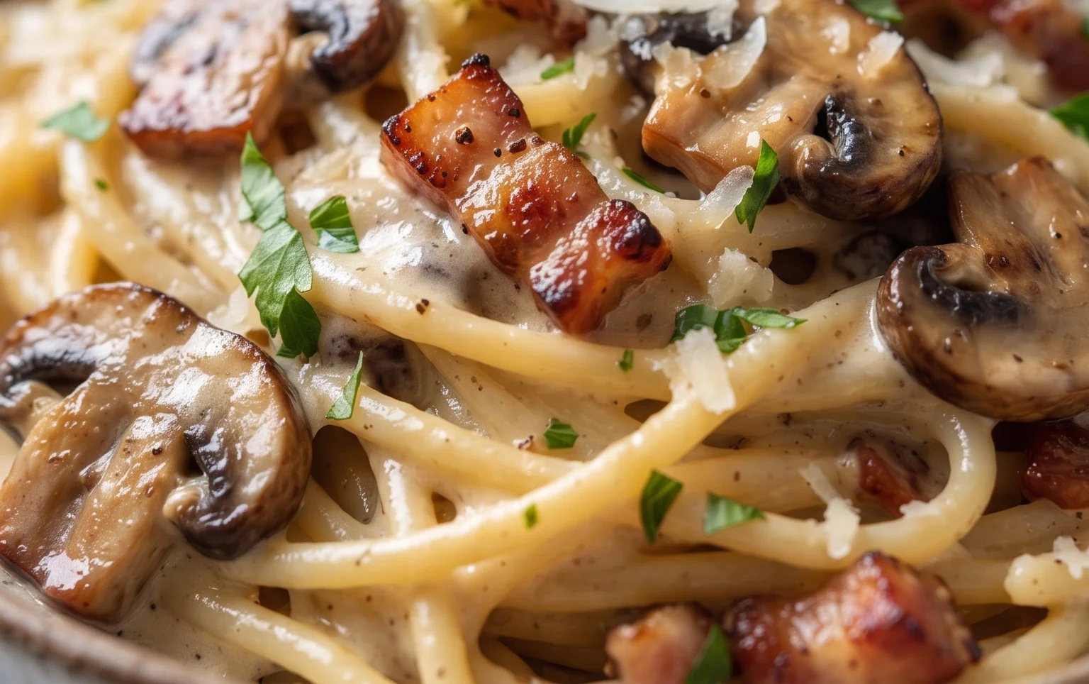Creamy Beef Bacon and Mushroom Pasta
