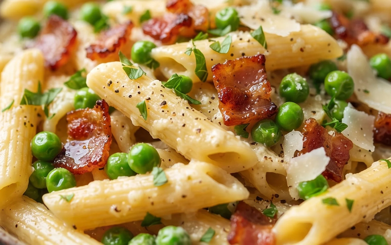 Penne Pasta, Peas and Beef Bacon