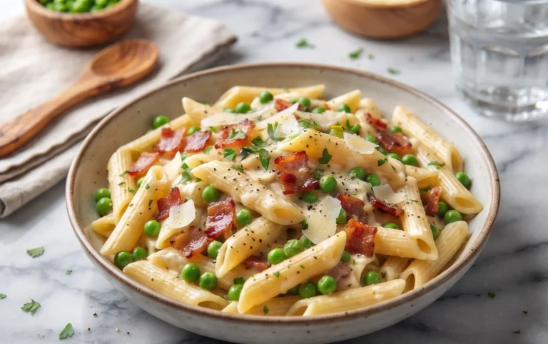 Penne Pasta, Peas and Beef Bacon