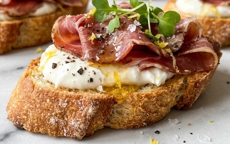 Beef Prosciutto Crostini with Burrata and Lemon Honey Drizzle