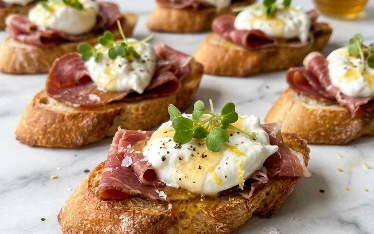 Beef Prosciutto Crostini with Burrata and Lemon Honey Drizzle